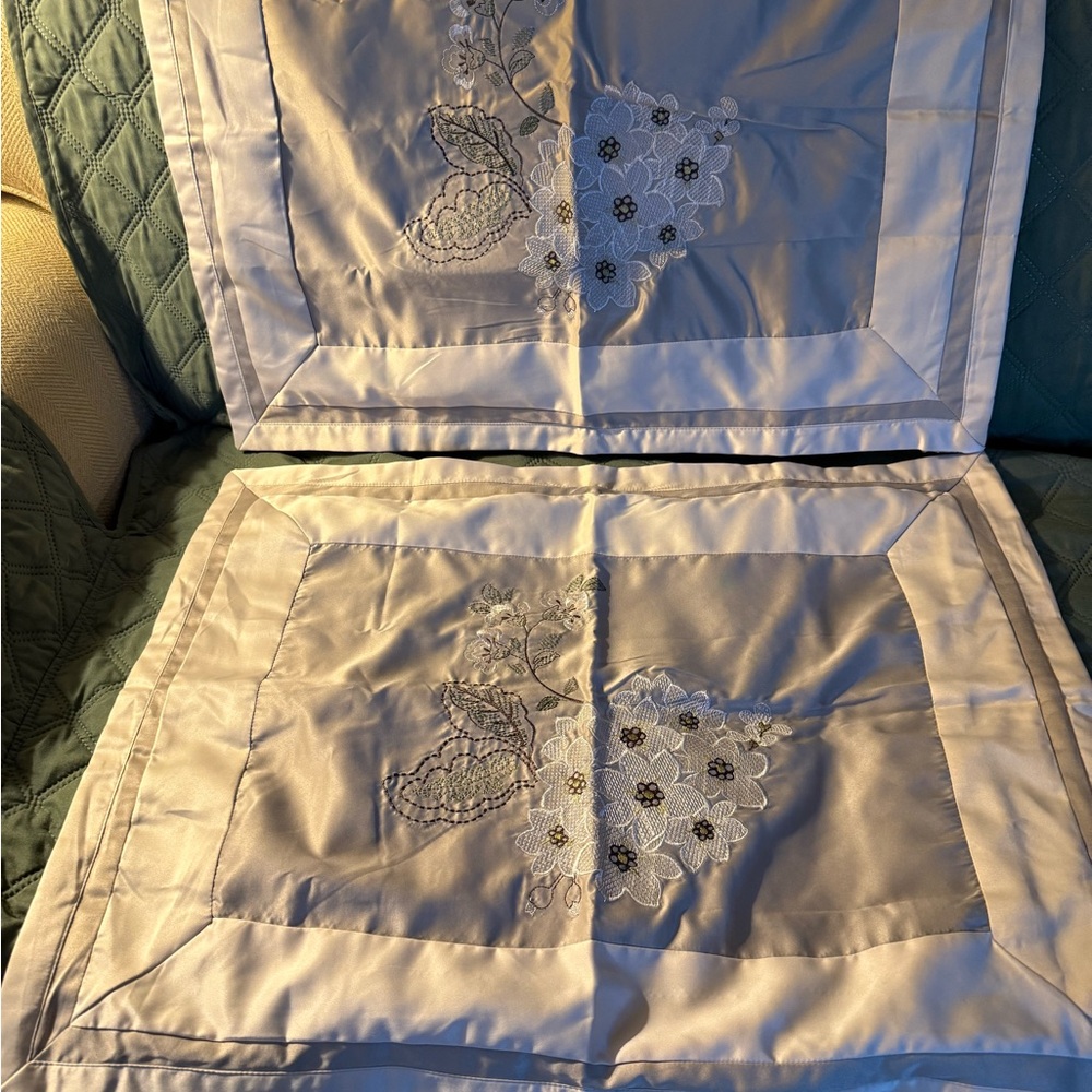 Embroidered and Appliqued set of two  Standard Pillow Shams Sage Green & Cream